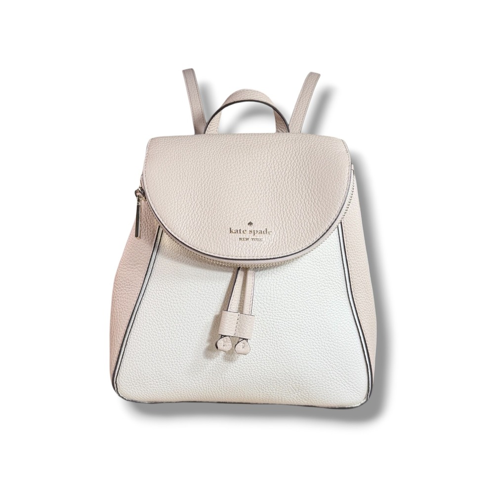 Kate Spade New York Two Tone Pebbled Leather Drawstring Backpack Cream Beige Bag